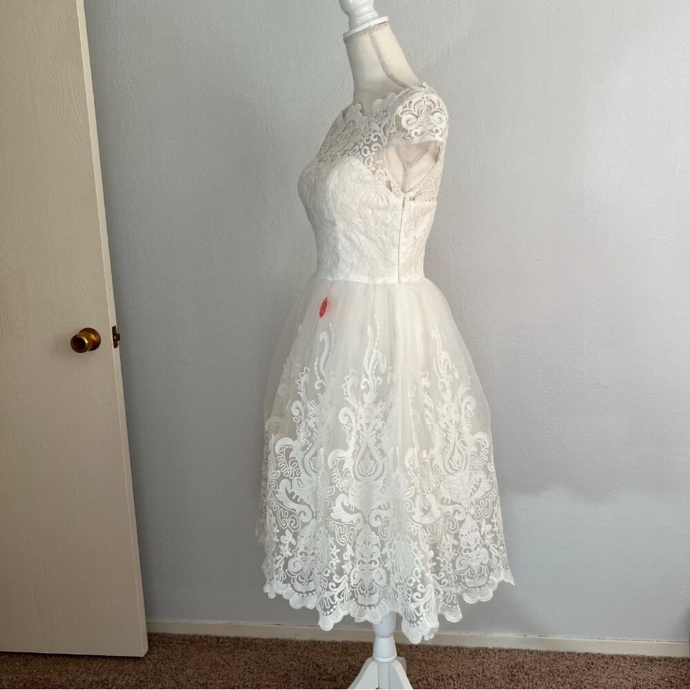 Chi Chi London Aerin Baroque White Romantic Victorian Tea Length Dress Size 6